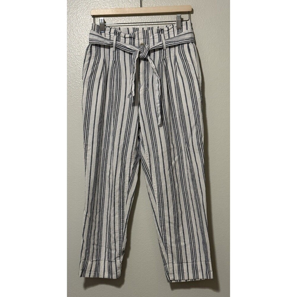 Madewell Women's Linen Cotton Blend Cropped Blue White Stripe Pants Sz 6 Casual